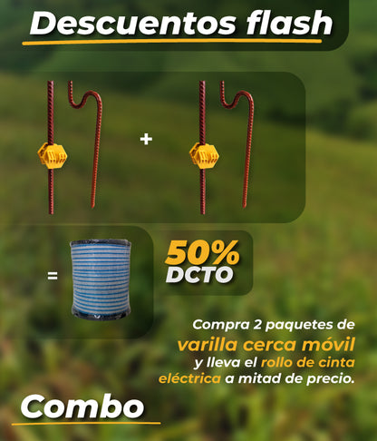 Combo 10 varillas cerca móvil + Cinta eléctrica blanca x 200m