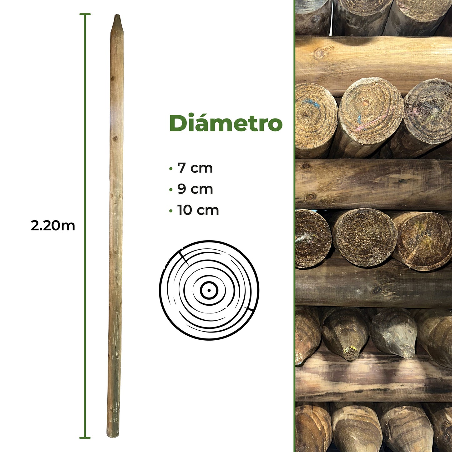 Estacón de Madera Inmunizado Cilindrado 2.20 m x 9cm / 7cm / 10cm Agrofácil